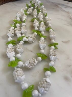 Vintage White Floral Bead Necklace with Lime Green Leaf Accents